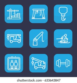 Lift icon. set of 9 outline lift icons such as elevator, truck with hook, hook, barbell, cargo crane, construction  crane