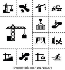 Lift icons. set of 13 editable filled lift icons such as escalator up, escalator down, construction crane, forklift, cargo on hook, construction  crane, skiing