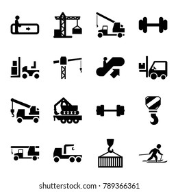 Lift icons. set of 16 editable filled lift icons such as escalator, escalator up, construction crane, truck with hook, forklift, barbell, cargo crane, cargo on hook, skiing