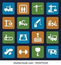 lift icons set. Set of 16 lift filled icons such as elevator, escalator, escalator up, forklift, construction crane, truck with hook, hook, barbell, cargo on hook, cargo crane