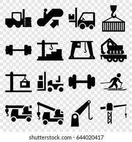 Lift icons set. set of 16 lift filled icons such as escalator up, forklift, construction crane, truck with hook, barbell, cargo crane, cargo on hook, construction  crane