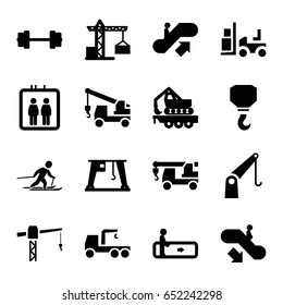 Lift icons set. set of 16 lift filled icons such as elevator, escalator, escalator up, escalator down, construction crane, truck with hook, hook, forklift, cargo crane, skiing