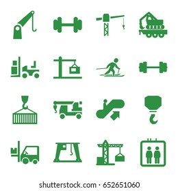 Lift icons set. set of 16 lift filled icons such as elevator, escalator up, construction crane, truck with hook, hook, forklift, barbell, cargo crane, cargo on hook