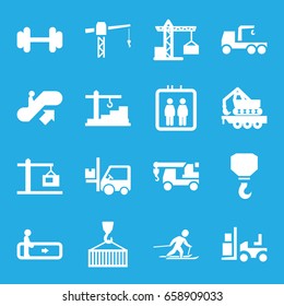 Lift icons set. set of 16 lift filled icons such as elevator, escalator, escalator up, construction crane, truck with hook, hook, forklift, barbell, cargo crane, cargo on hook