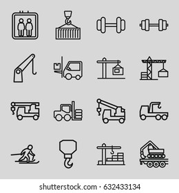 Lift icons set. set of 16 lift outline icons such as elevator, forklift, construction crane, truck with hook, hook, barbell, cargo crane, cargo on hook, construction  crane