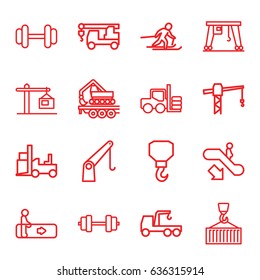Lift icons set. set of 16 lift outline icons such as escalator, escalator down, forklift, construction crane, truck with hook, hook, barbell, cargo crane, cargo on hook