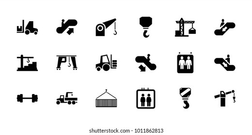 Lift icons. set of 18 editable filled lift icons: elevator, escalator up, escalator down, construction crane, hook, barbell, construction  crane, forklift, truck with hook