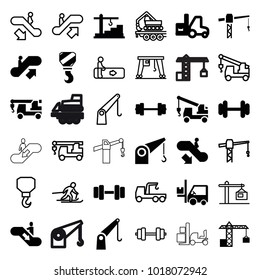 Lift icons. set of 36 editable filled and outline lift icons such as escalator up, escalator down, construction crane, truck with hook, barbell, forklift, cargo crane