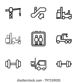 Lift icons. set of 9 editable outline lift icons such as elevator, escalator up, construction crane, truck with hook, forklift