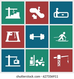 Lift icons set. set of 9 lift filled icons such as escalator, escalator down, construction crane, forklift, cargo crane, construction  crane, skiing