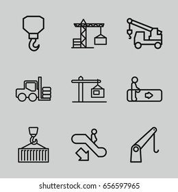 Lift icons set. set of 9 lift outline icons such as escalator, escalator down, forklift, construction crane, truck with hook, hook, cargo on hook, cargo crane