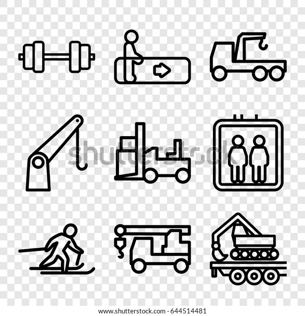 Lift icons\
set. set of 9 lift outline icons such as elevator, escalator, truck\
with hook, forklift, cargo crane,\
skiing