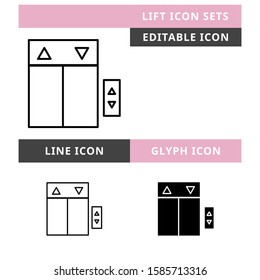 Lift icons set vector design, modern editable line and  glyph icon, black colour and isolated for icon presentation, website and banner
