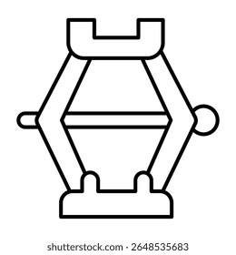 Icono de línea delgada del gato de elevación, concepto de ajuste de neumáticos. Gráficos de Vector. Gato plegable para cambiar las ruedas, señal de servicio del coche en el fondo blanco, estilo o diseño móvil