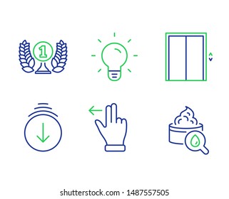 Lift, Laureate award and Scroll down line icons set. Touchscreen gesture, Light bulb and Moisturizing cream signs. Elevator, Prize, Swipe screen. Slide left. Business set. Vector