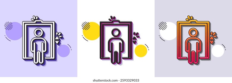Lift line icon. Halftone dotted pattern. Gradient icon with grain shadow. Elevator sign. Transportation between floors symbol. Line elevator icon. Various designs. Vector