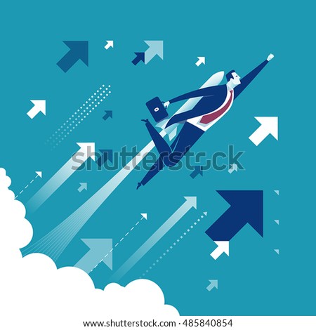 Lift off. Businessman flying up with a rocket engine. Concept business vector illustration