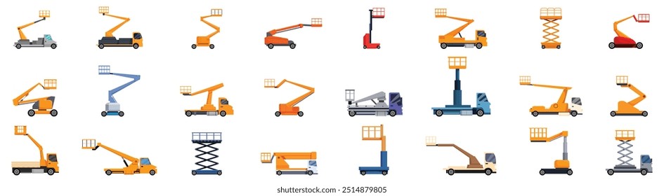 Lift platform basket icons set. Set of colorful isolated icons of various construction platforms with hydraulic lifting mechanisms for high altitude work