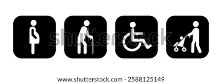 Lift priority sign, label, logo, icon set. Elevator priority sign, priority queues for elderly, men and women with stroller baby, disabled wheelchair, pregnant woman, walking stick. Vector illustrator