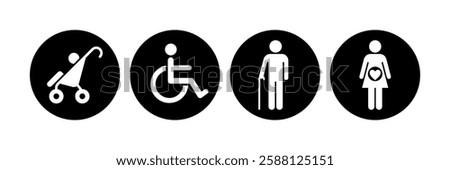 Lift priority sign, label, logo, icon set. Elevator priority sign, priority queues for elderly, men and women with stroller baby, disabled wheelchair, pregnant woman, walking stick. Vector illustrator