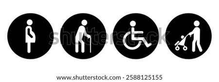 Lift priority sign, label, logo, icon set. Elevator priority sign, priority queues for elderly, men and women with stroller baby, disabled wheelchair, pregnant woman, walking stick. Vector illustrator