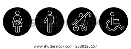 Lift priority sign, label, logo, icon set. Elevator priority sign, priority queues for elderly, men and women with stroller baby, disabled wheelchair, pregnant woman, walking stick. Vector illustrator