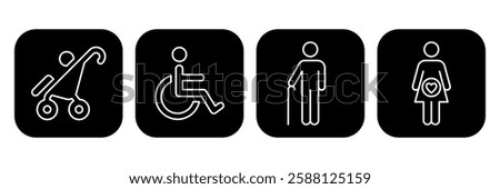 Lift priority sign, label, logo, icon set. Elevator priority sign, priority queues for elderly, men and women with stroller baby, disabled wheelchair, pregnant woman, walking stick. Vector illustrator