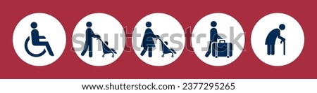Lift priority signs and labels. Elevator priority sign of metro and subway station, priority queues for elderly, individuals with strollers, disabled, men and women with infants and wheelchair. Vector