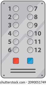 Lift Push Buttons With Numbers And Braille Code. Panel For Calling Elevator To Floor. Buttons For Controlling Movement Of Lift In Building. Elevator Floor Marking Iron Panel Vector Illustration