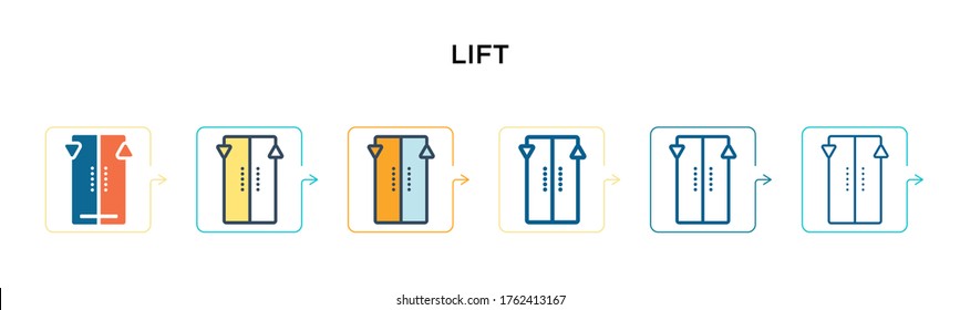 Lift sign vector icon in 6 different modern styles. Black, two colored lift sign icons designed in filled, outline, line and stroke style. Vector illustration can be used for web, mobile, ui