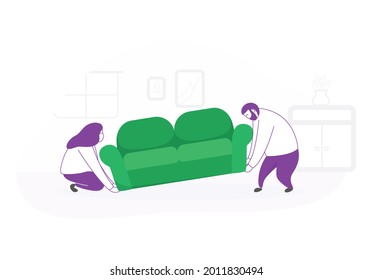 lift the sofa. move the sofa. mutual cooperation.