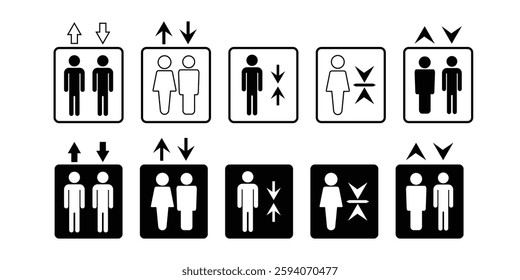 Lift symbol icon set. High quality outline, filled style vector icons isolated on white background. Elevator lift vector man, woman and arrows up, down icons website logo design. Vector image.