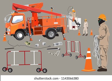 Lift truck and Electricity poles high voltage worker team infographic cartoon and tools are funnel, traffic barrier, light , Isolate on warm gray colors.