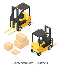 Lift Truck Isometric icons. Forklift with delivery boxes.  Two position back and front. Vector 3d style. Icon for game and web sites with yellow industrial car.