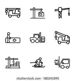 lift vector icons. Set of 9 lift outline icons such as escalator, forklift, construction crane, truck with hook, construction  crane
