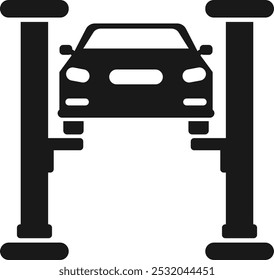 Lifted car in garage. Transport maintenance mechanic workshop