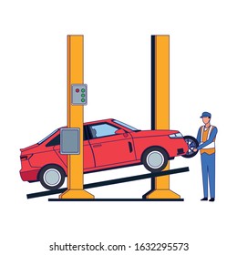 lifted car and mechanic fixing a tire over white background, colorful design, vector illustration