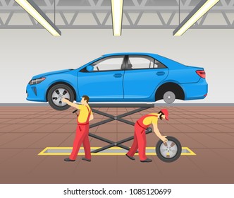 Lifted car and repairing process, man pulling rubber tire on floor, auto mechanic checking wheels of transport in light garage, vector illustration