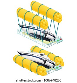 Lifting from the bottom of the sunken boat isolated on white background. Vector cartoon close-up illustration.