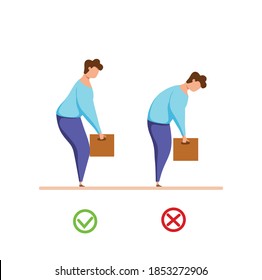 Lifting box correct and improper technique vector health care concept. Cartoon Illustration of safely right position lift heavy object. Workman carring weight spine right and wrong manually poses. 