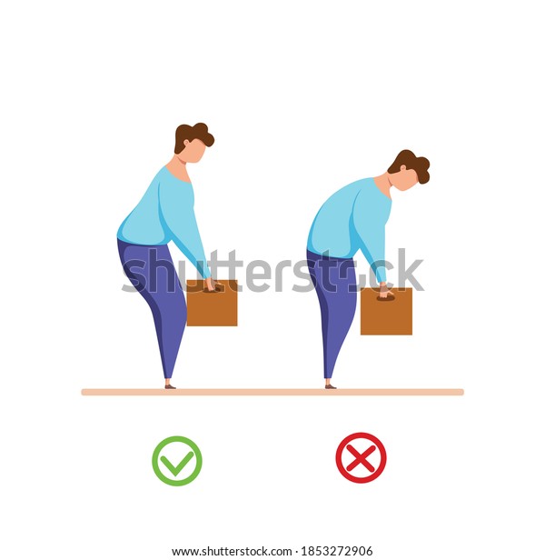 Lifting box correct and improper technique vector health\
care concept. Cartoon Illustration of safely right position lift\
heavy object. Workman carring weight spine right and wrong manually\
poses. 