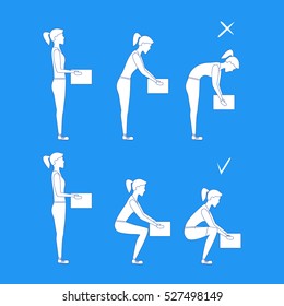 Lifting Box Correct and Incorrect Position. Vector