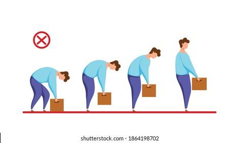 Lifting box improper technique vector health care concept. Cartoon Illustration of safely wrong position lift heavy object. Workman carring weight spine wrong manually poses. 