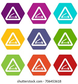 Lifting bridge warning sign icon set many color hexahedron isolated on white vector illustration