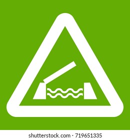 Lifting bridge warning sign icon white isolated on green background. Vector illustration