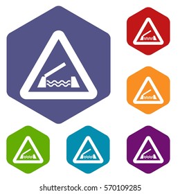 Lifting bridge warning sign icons set rhombus in different colors isolated on white background