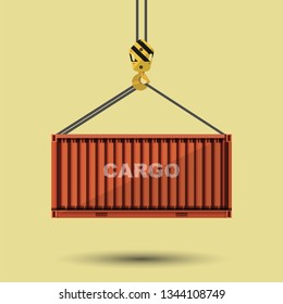 Lifting cargo container by crane. Vector illustration