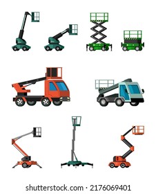 lifting cars. telescopic industrial lifting platforms on cars hydraulic machines. Vector cartoon set