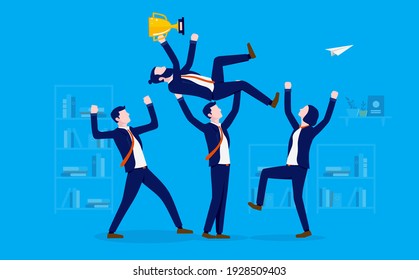 Lifting colleague - Business people cheering and celebrating for a businessman that's done a great job. Supportive colleagues concept. Vector illustration.