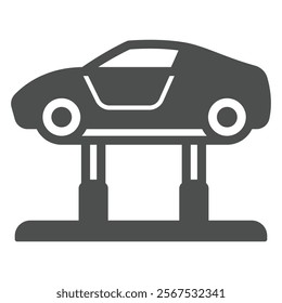 Lifting crane with car solid icon, car service concept. Vector graphics. Automobile inspection and repairing sign on white background, glyph style icon for mobile or web design